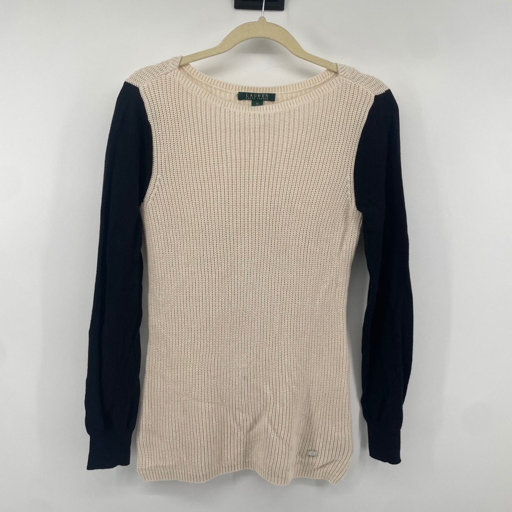 Lauren Ralph Lauren Sweater Women M Cream Black Colorblock Ribbed Knit Pullover